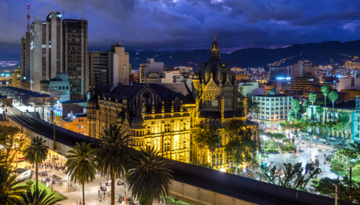 a view of the botero square at night